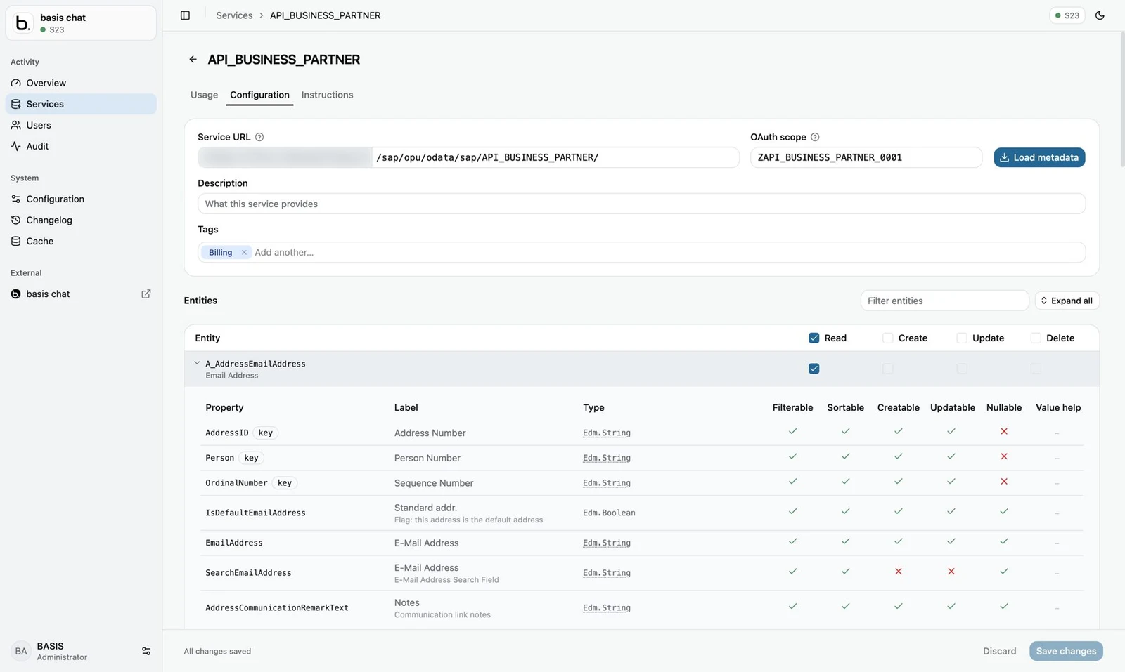 Service configuration showing service URL, OAuth scope and read, create, update and delete per entity
