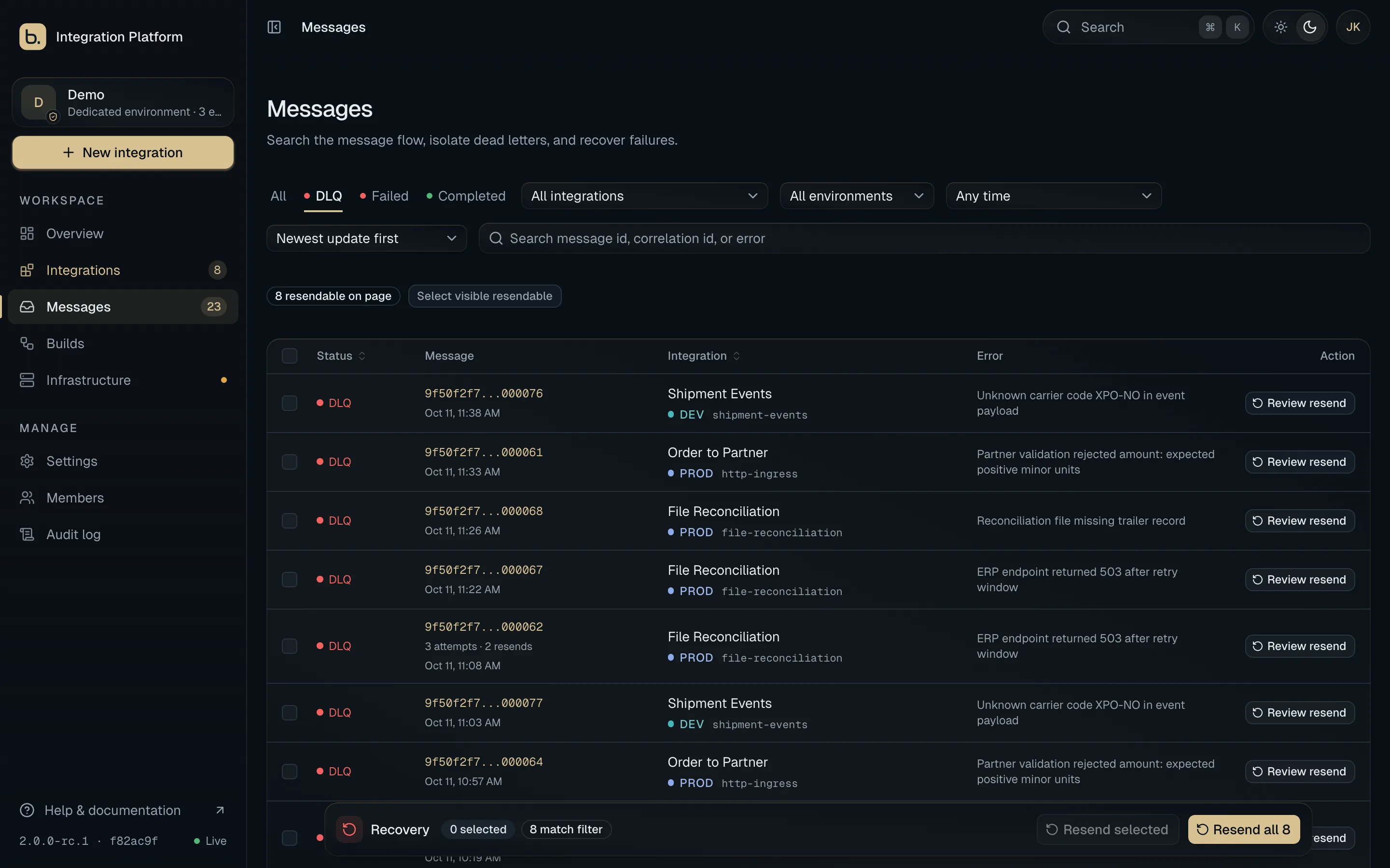 basis relay dashboard: messages view