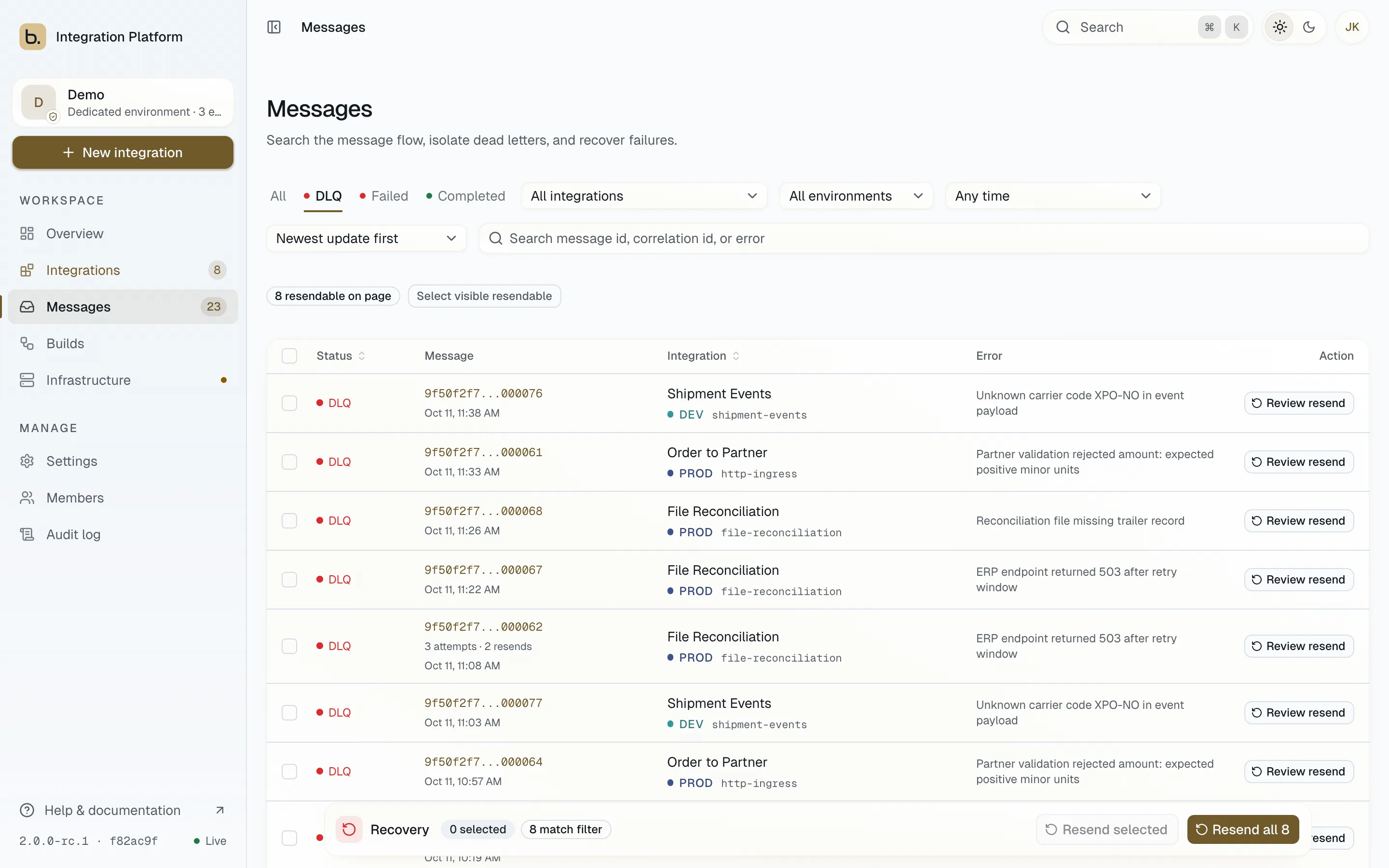 basis relay dashboard: messages view